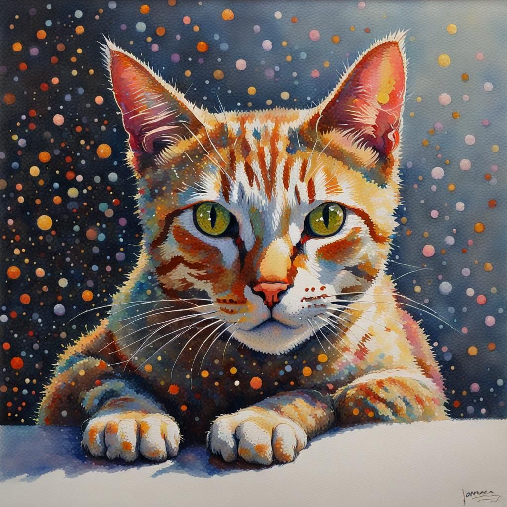 Cat made with multicolored points dots pixels, pointillisme,