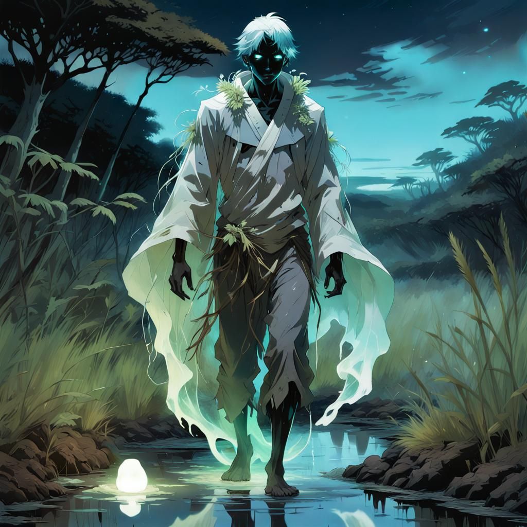 Cute Haunted Ghost in Bioluminescent Wetlands, Manga Portrai...