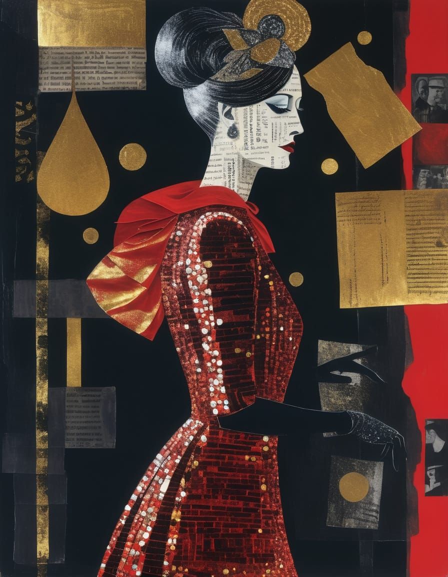 Glamorous Showgirl Collage in Mixed Media Style