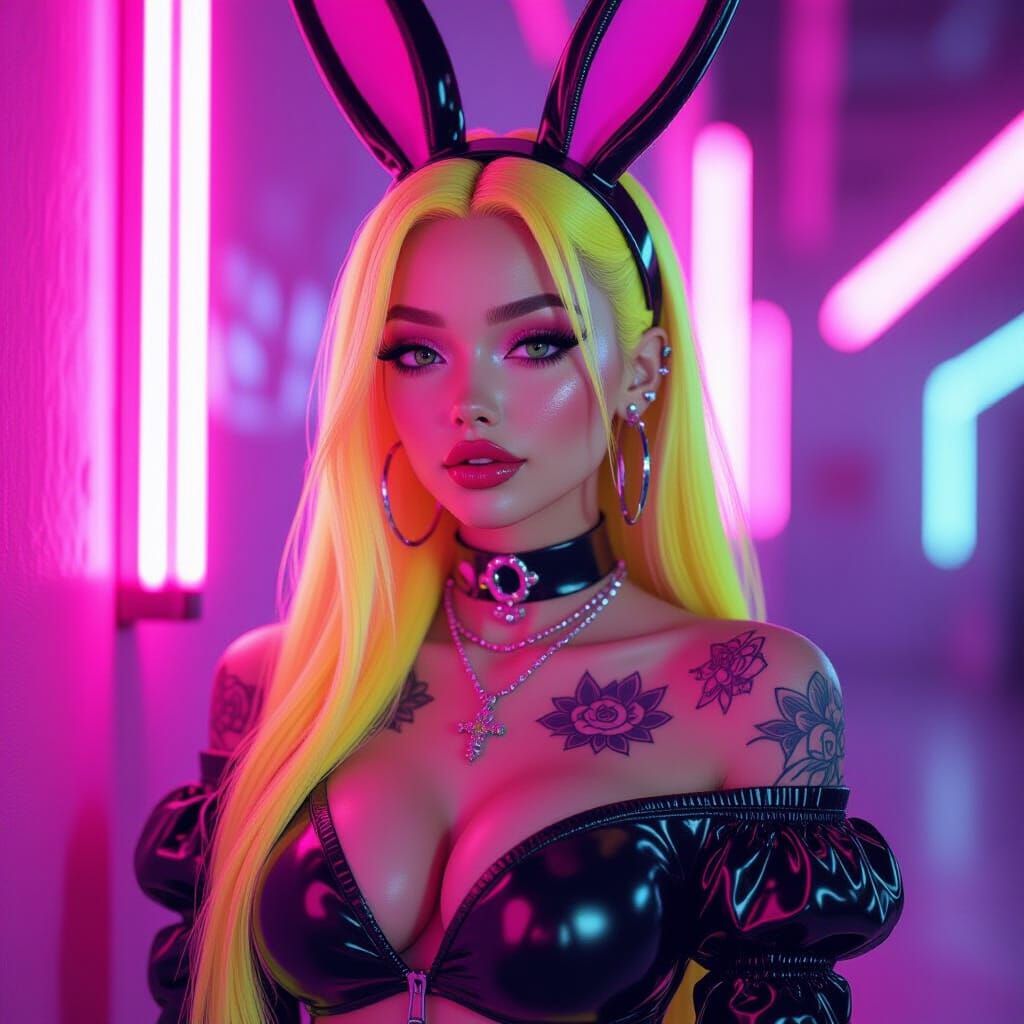 Neon Rabbit Girl Portrait in Vibrant Digital Art