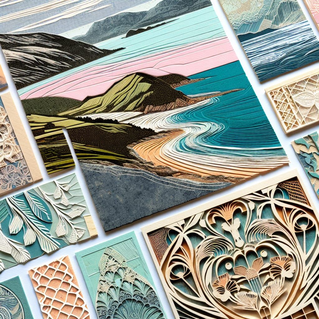 Peninsula Landscape in Pastel Hues with Woodcut Elements