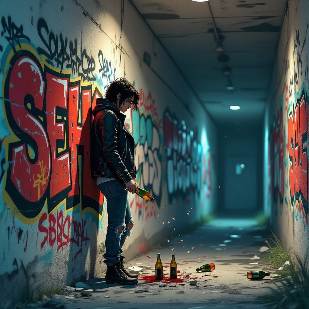 Dystopian Figure Breaking Bottles Near Graffiti Wall
