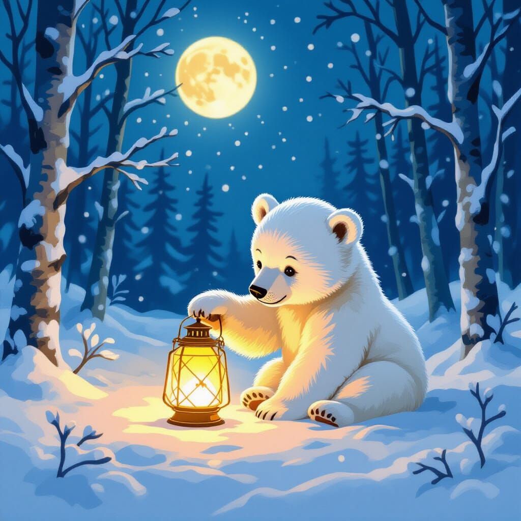 Polar Bear Cub and Lantern in Moonlit Forest