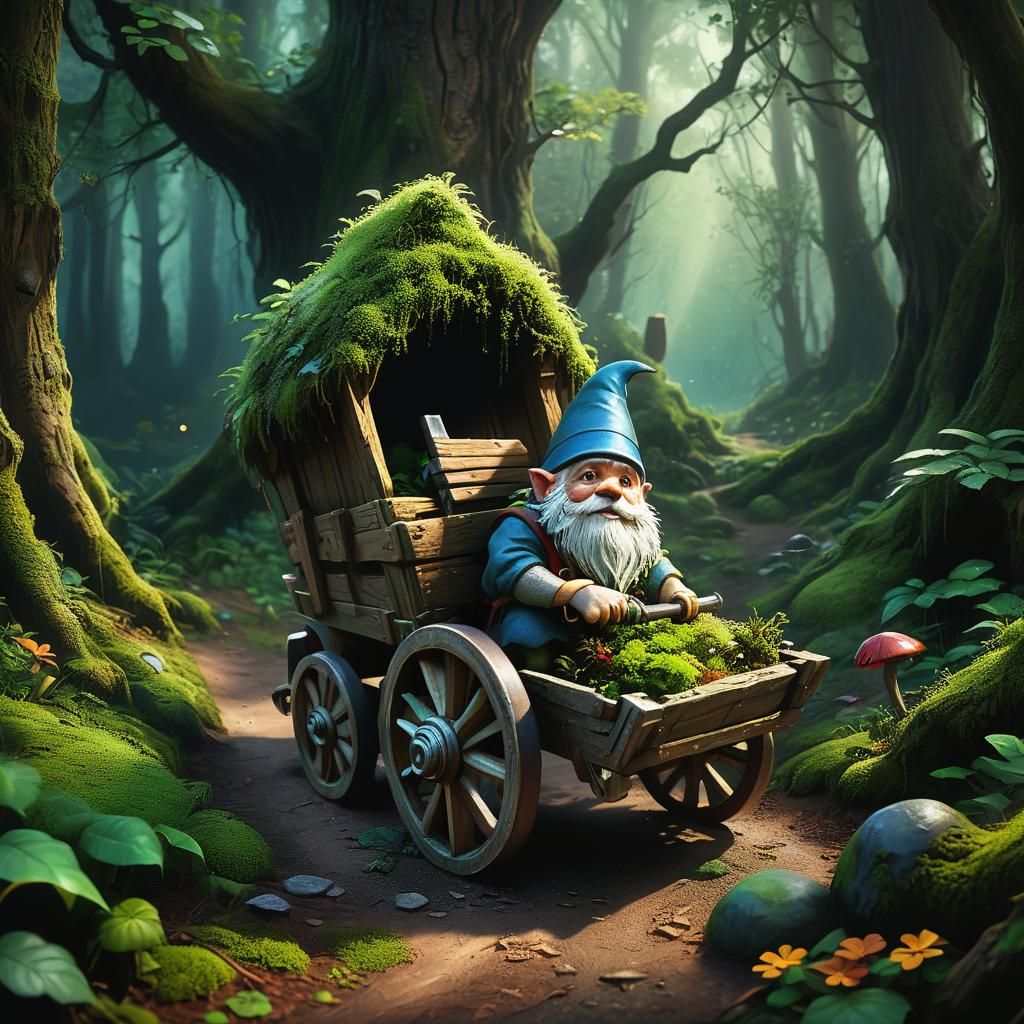 Gnome's Tool Wagon in Mystical Forest: Fantasy Art