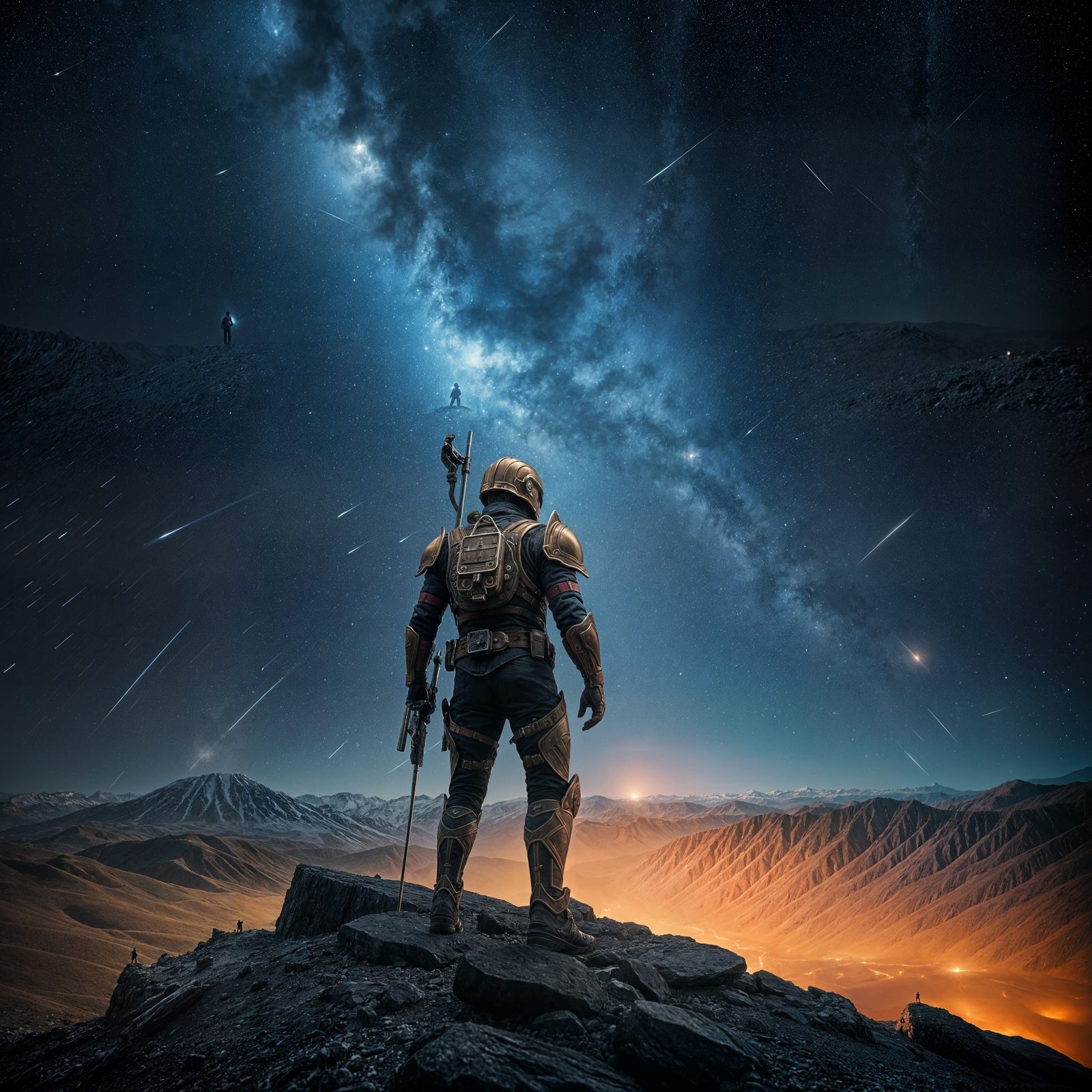 Warrior Gazes at Cosmic Comet Event Cinematic Film Still