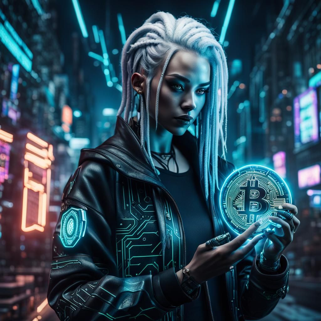 Cyberpunk Girl with Bitcoin in Neon Cityscape
