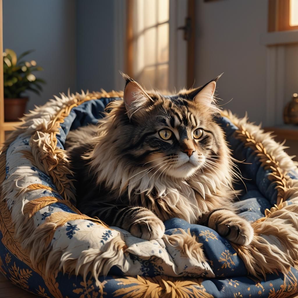 Norwegian Forest Cat Resting: Hyper-Realistic Digital Art