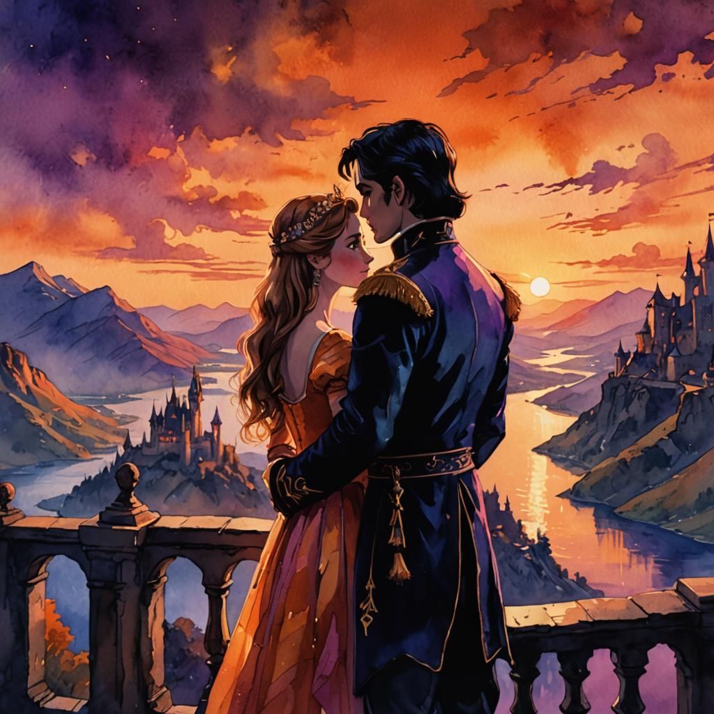 Royal Sunset Silhouette in Whimsical Watercolor