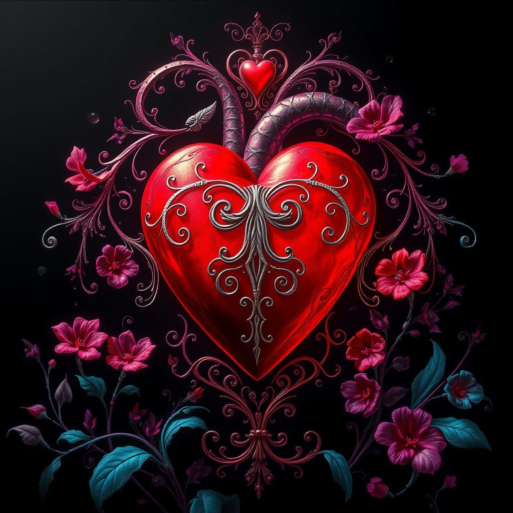 Ethereal Crimson Heart Motif in a Fantastical Realm