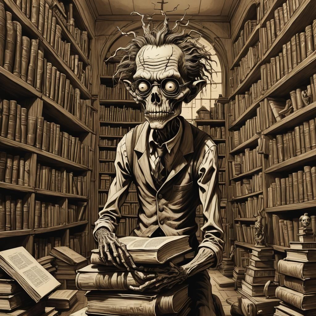 Disturbing Zombie Librarian in Art Brut Style