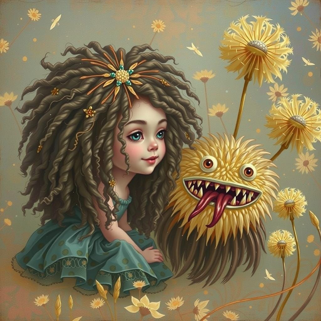 Whimsical Toddler Girl and Her Shimmering Blue Monster Frien...