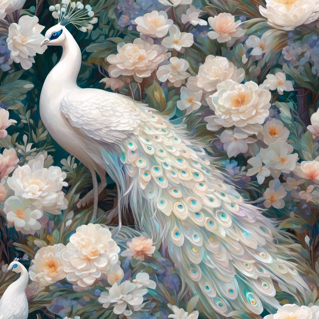Iridescent White Peacock in Hyperreal Garden