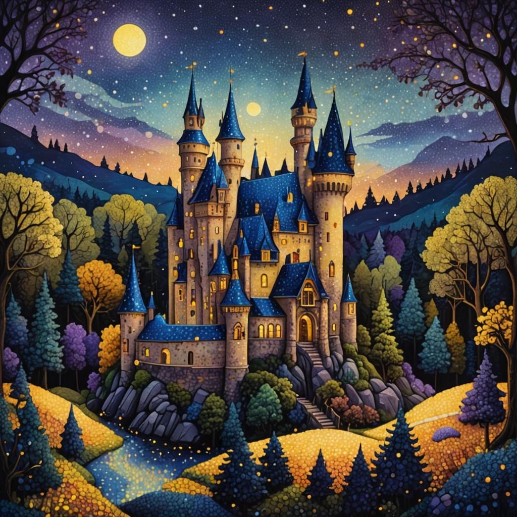 Polka Dot Fairytale Castle in Pointillism Style