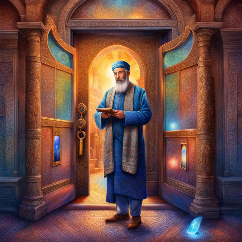 Rabbi Affixing Mezuzah on Jewish Home, Cosmic Illustration