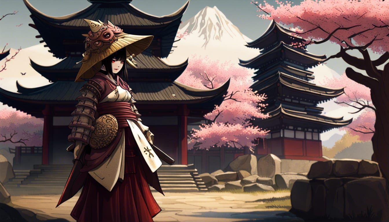 Japanese Woman Warrior in Dark Fantasy Landscape