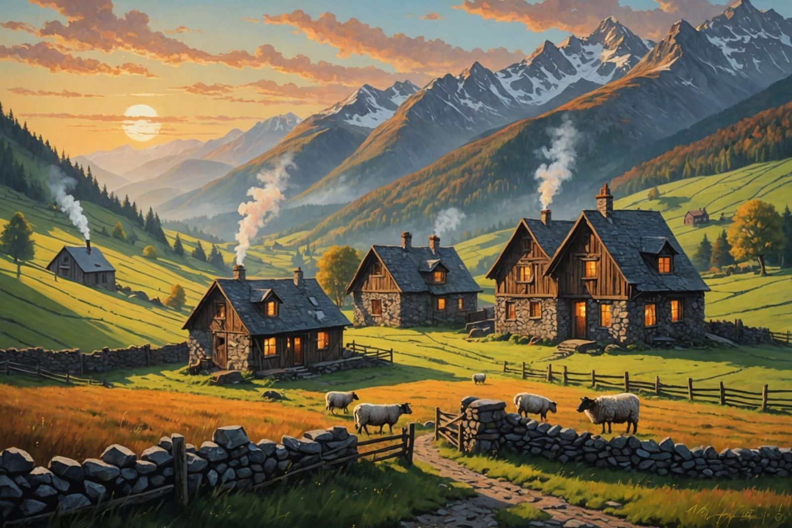 Mountain Homes at Dawn: A Rustic Acrylic Painting