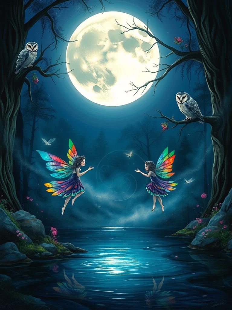 Surreal Fae Realm at Full Moon, in Whimsical Stained Glass S...