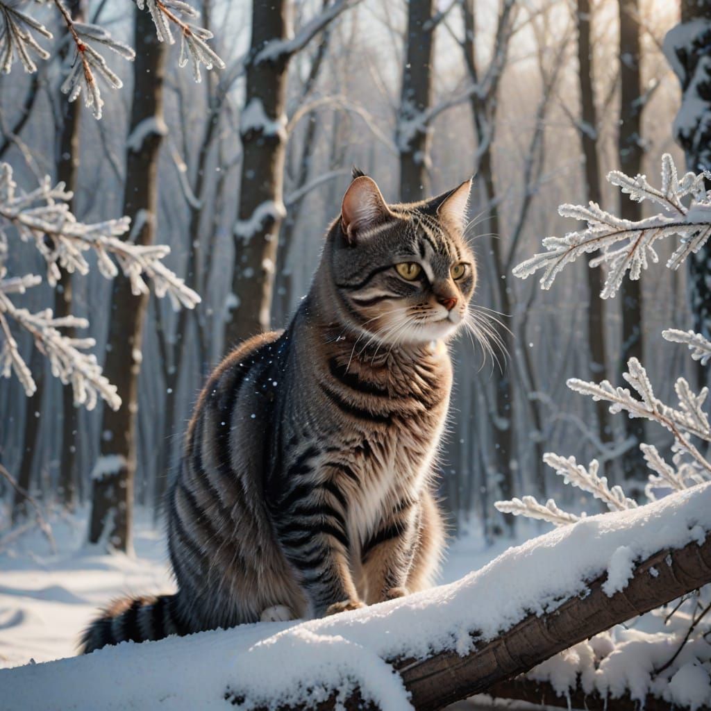 Tabby Cat in Snowy Forest Digital Matte Painting