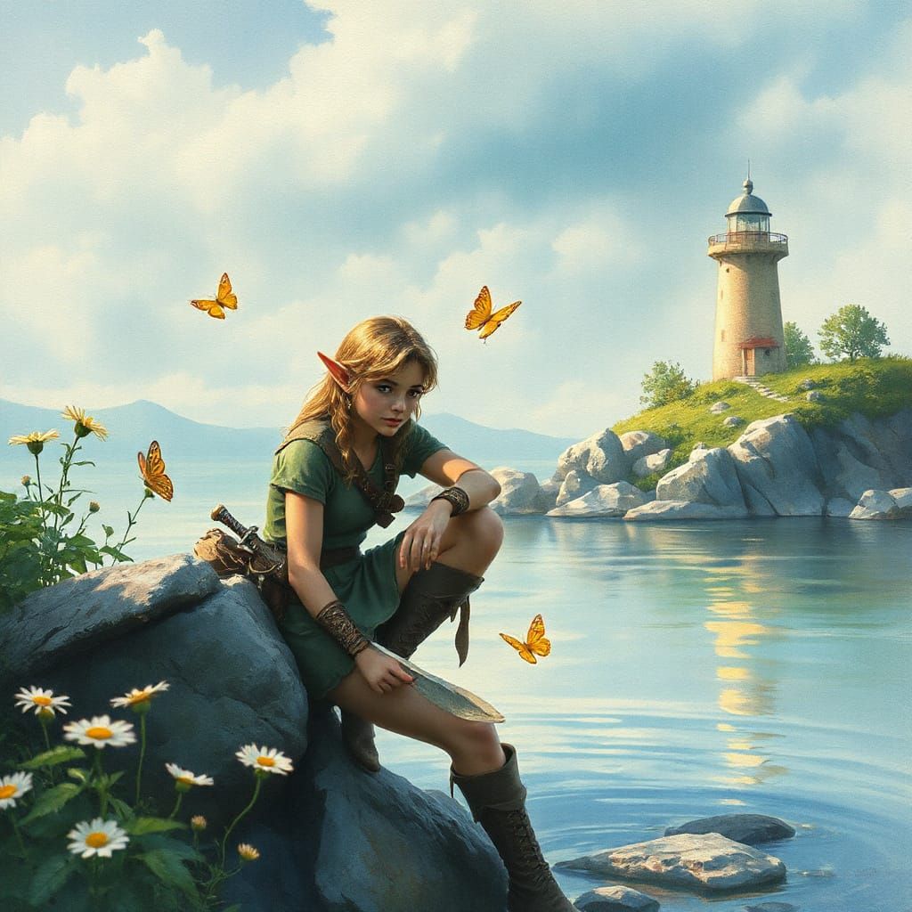 Elven Ranger by River, Watercolor Painting