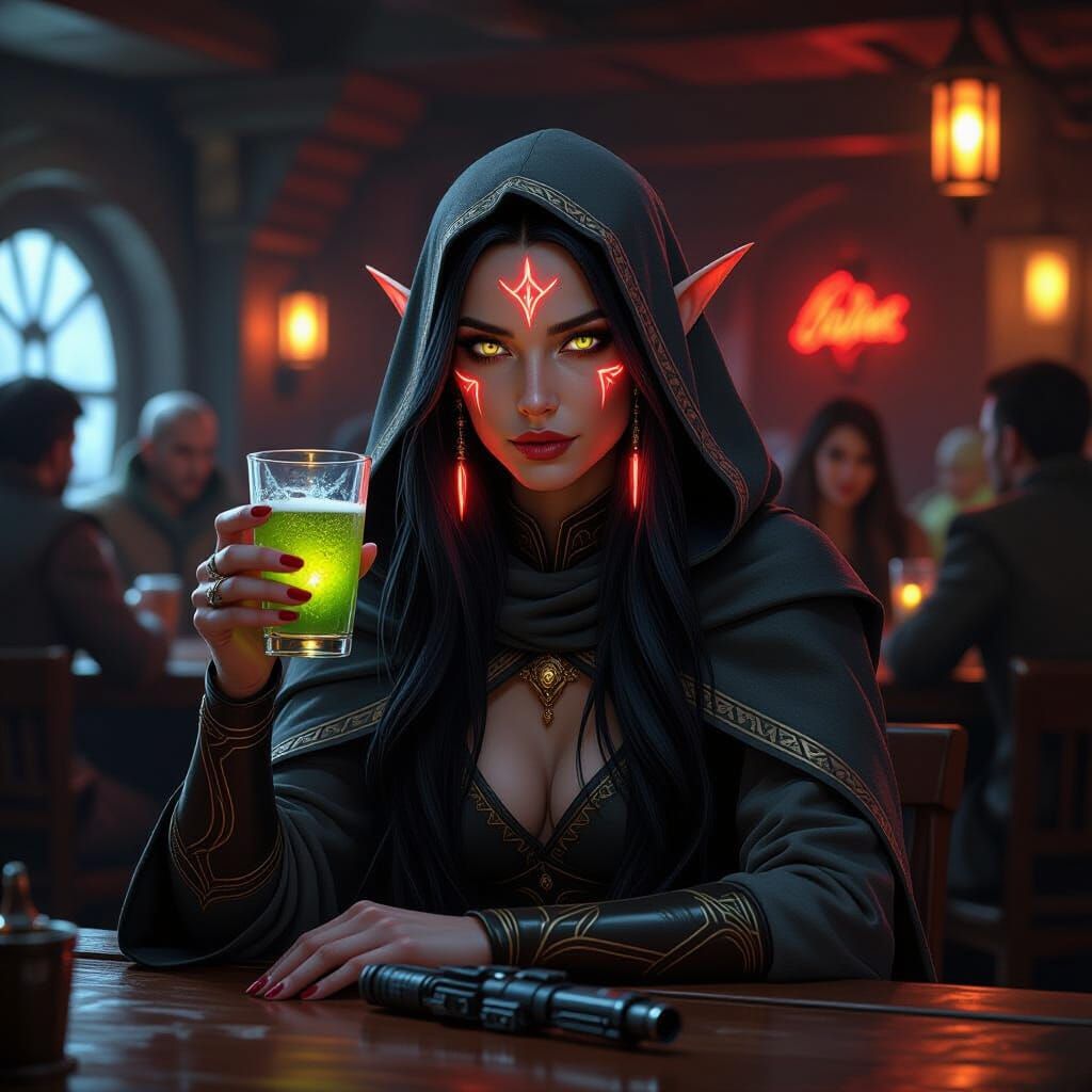Dark Elf with Glowing Runes at Cantina Bar