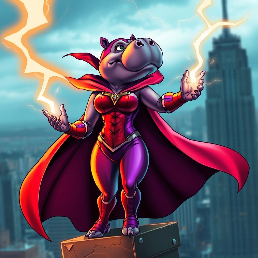 Supervillain Hippo Wields Lightning in City Skyline