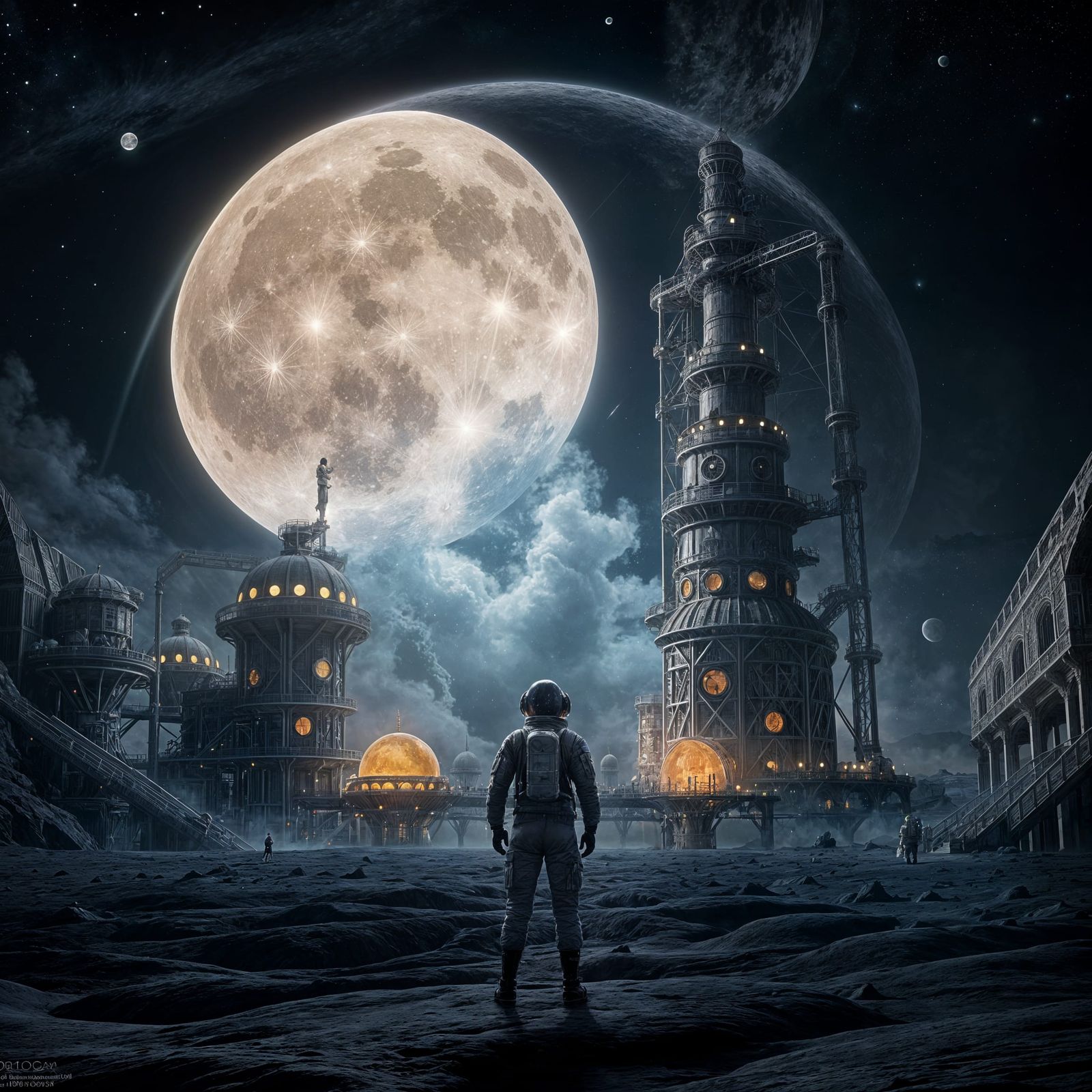 Astronaut at Moon Elixir Distillery: Hyperrealistic Lunar Vi...