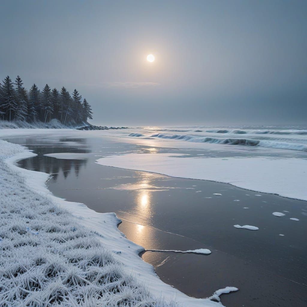 Minimalist Winter Beach Scene with Lone Figure