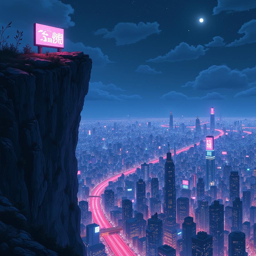 Retro Anime Night Cityscape with Neon Lights