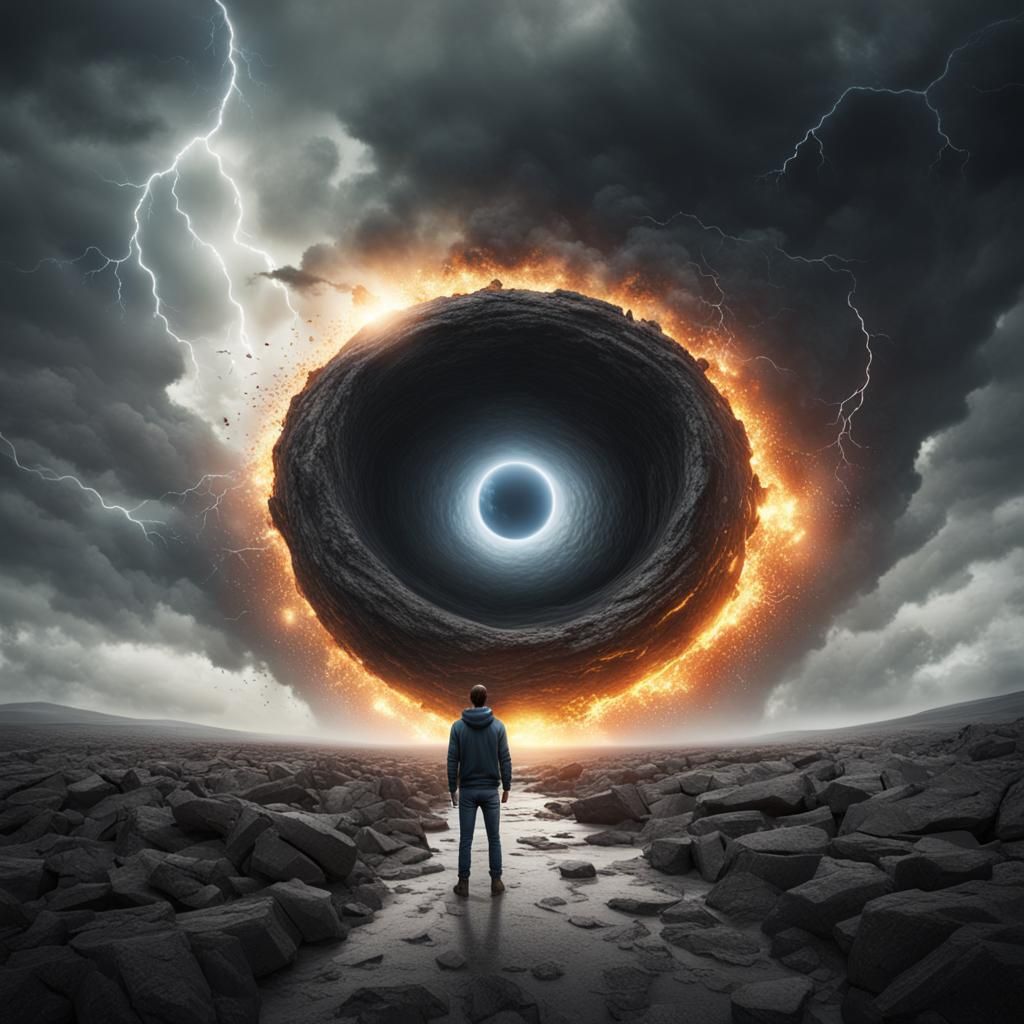 Man Confronts Abyss in Dramatic Landscape