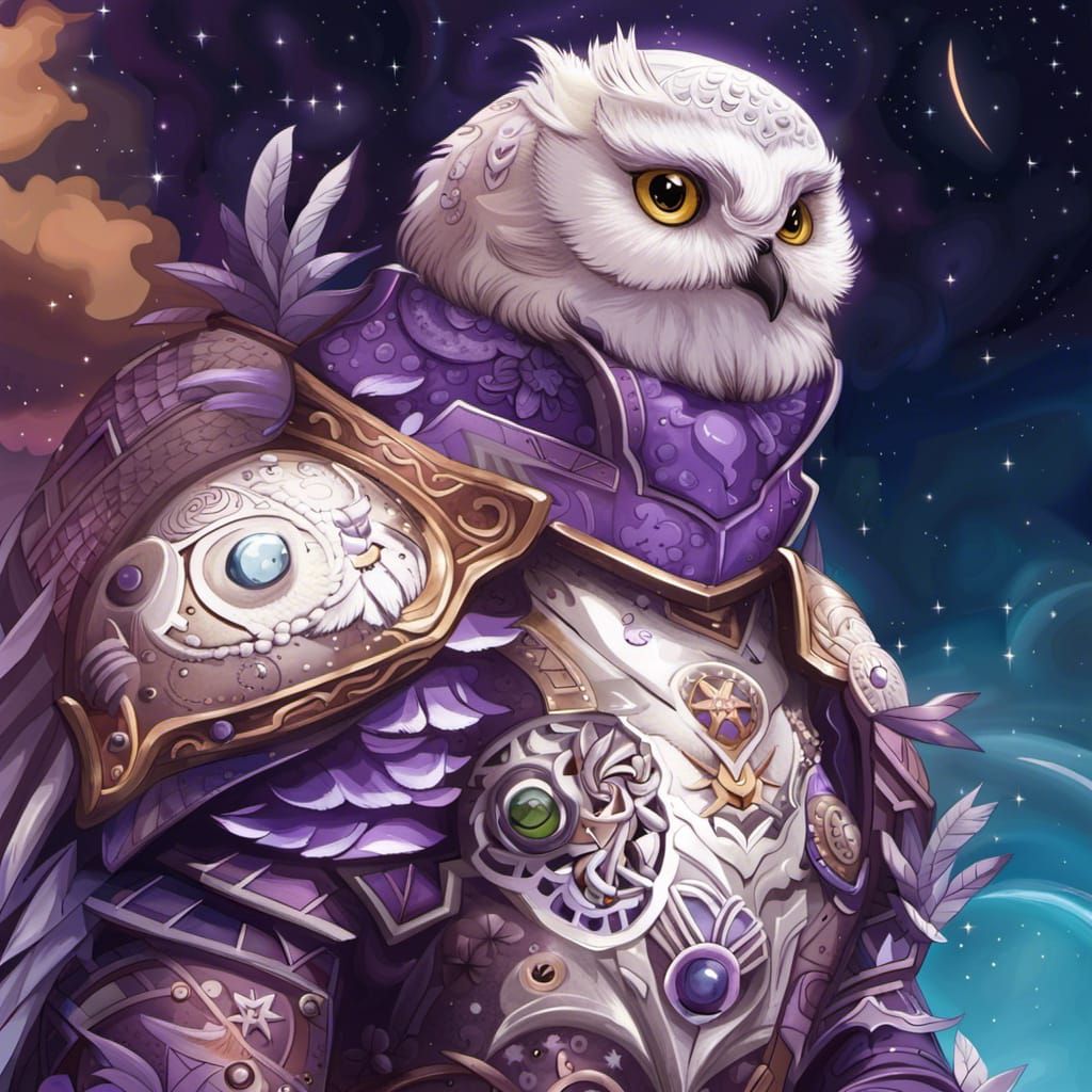 Purple Astrophysical Owl Knight in Detailed Digital Painting