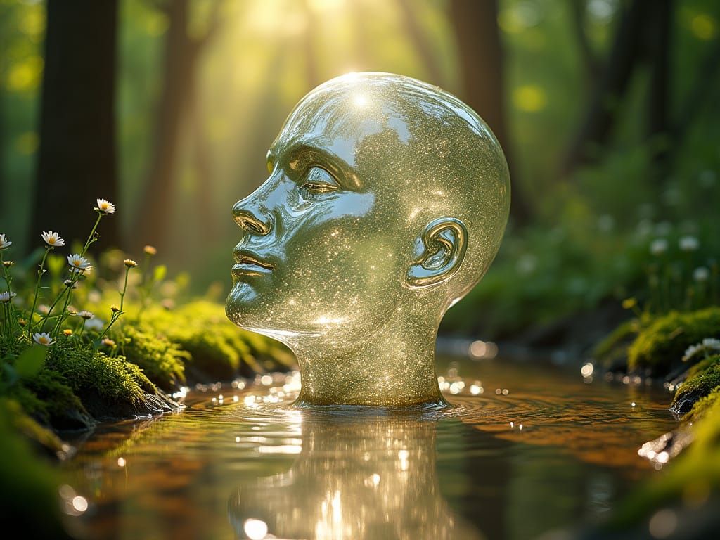 A human head emerges from a pond
