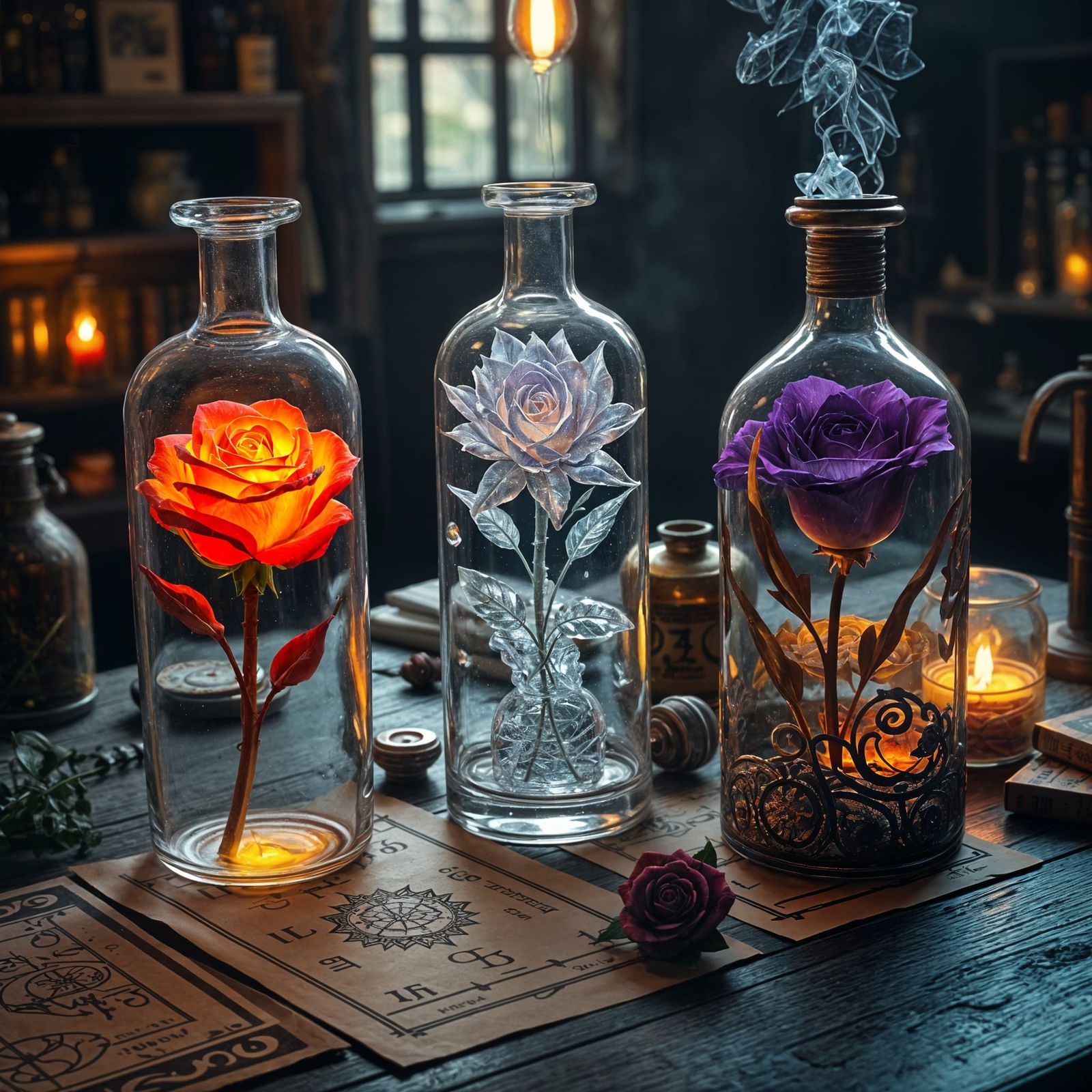 Fiery Roses and Ice Flowers in Glass Bottles