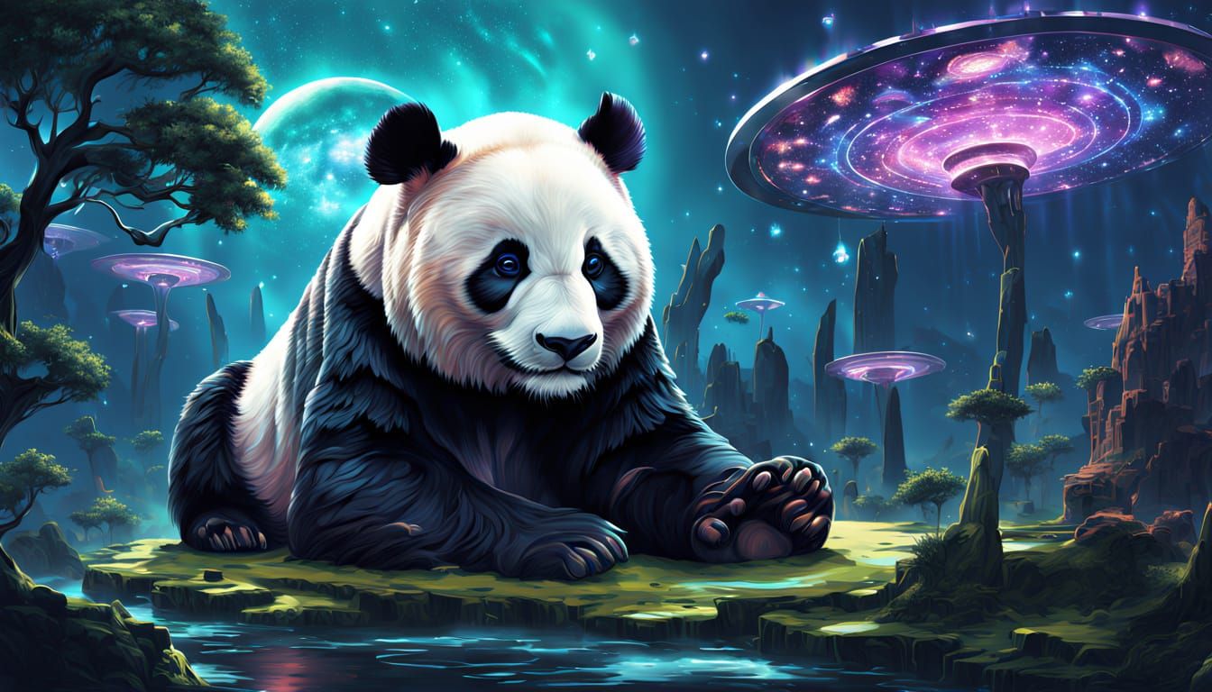 Obsidian Panda Sculpture on Floating Island in Cosmic Nebula