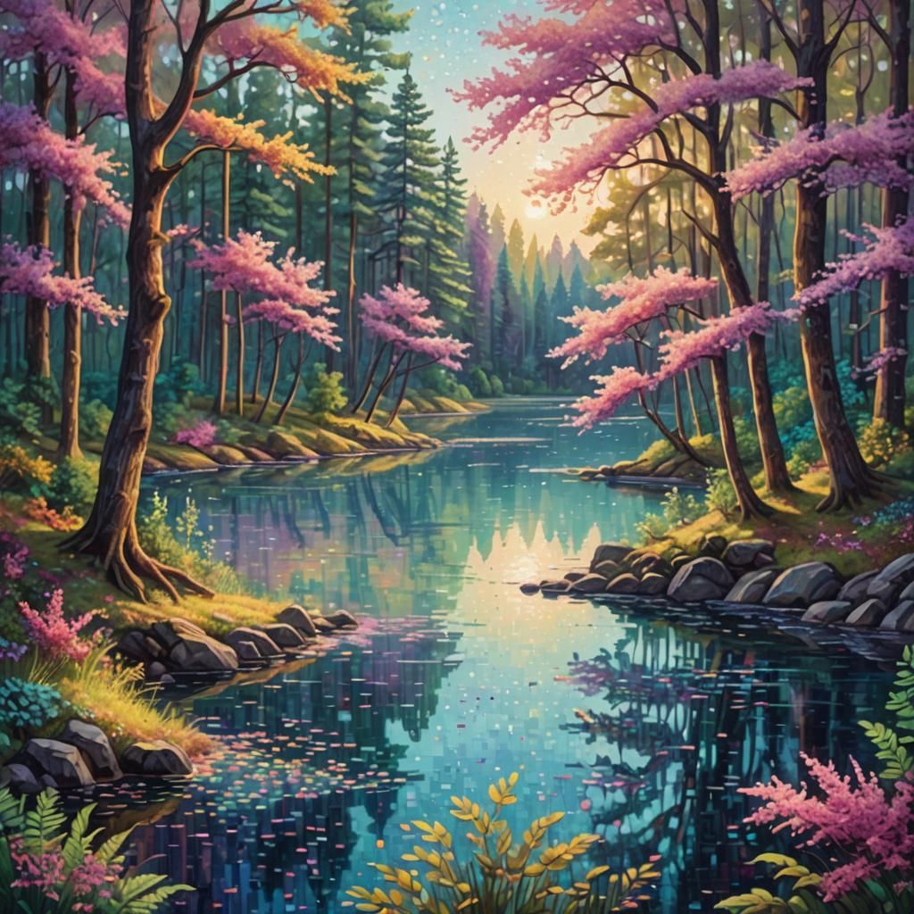 Pointillist Lake Amidst Forest Foliage