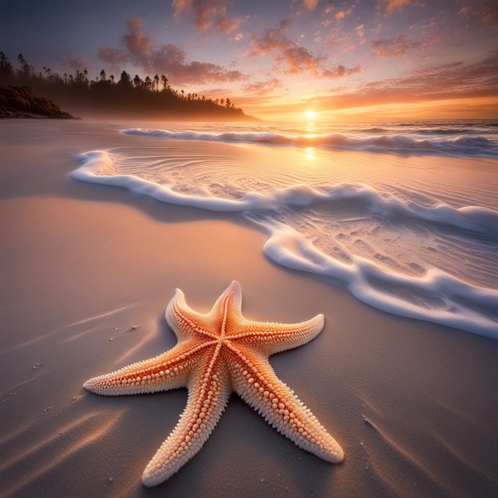 Magical Sunrise with Starfish: High-Resolution Ocean Photo