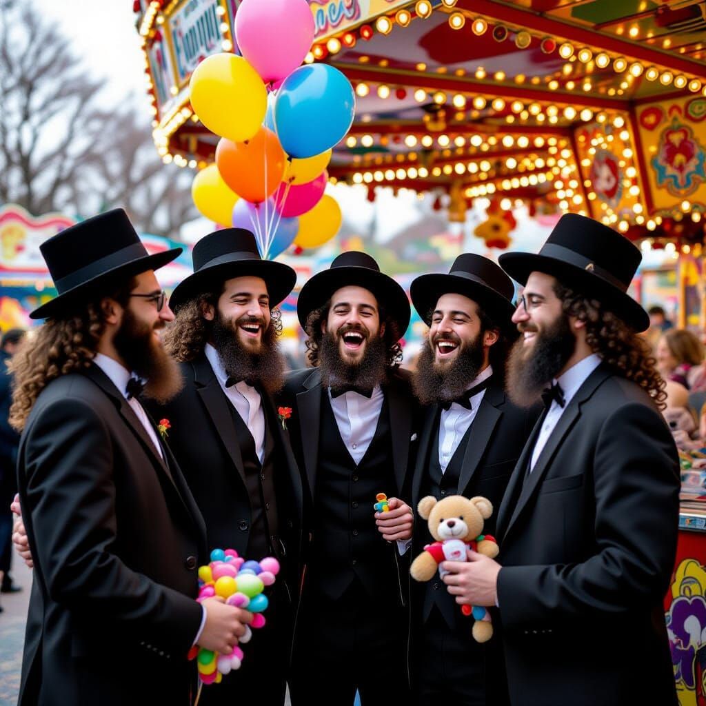 Hasidic Jewish Men Enjoying Amusement Park