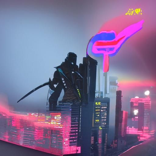Cyberpunk Ninja with Serpent in Neon Cityscape