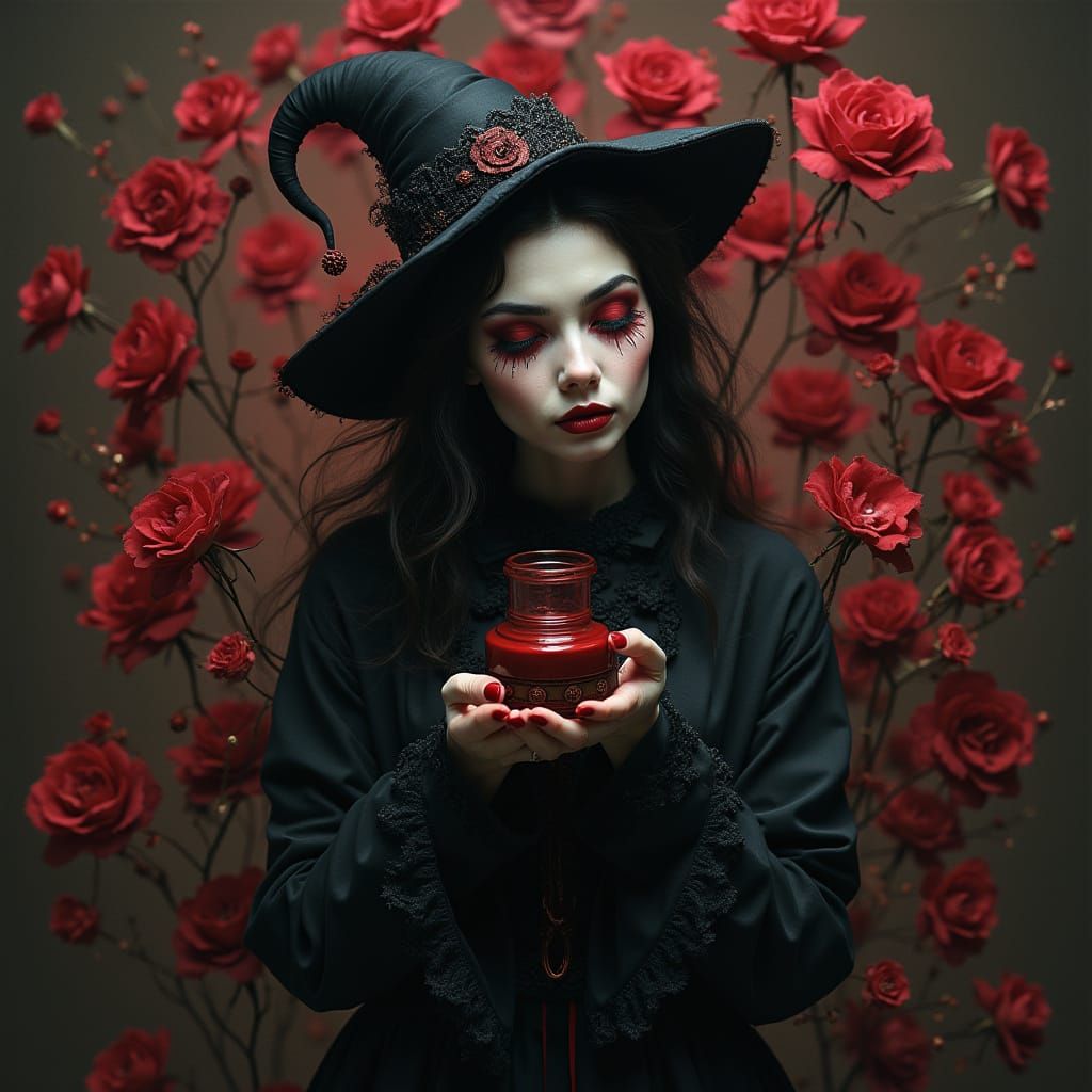 Elegant Skeleton Woman Holds Red Nail Polish in a Dark, Maca...