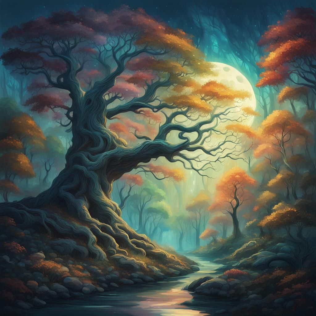 Mystical Forest: Hyperrealistic Moonlight Scene