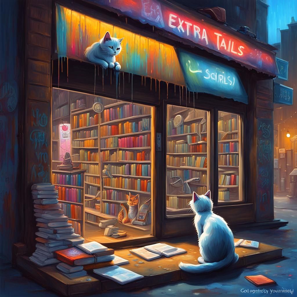 Two-Tailed Cat at Nighttime Book Shop in Graffiti Style