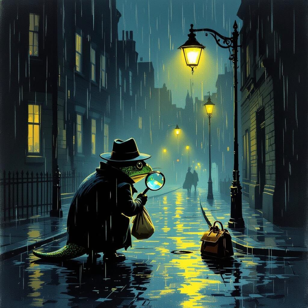 Detective Frog Investigating Rainy Night Street in Concept A...