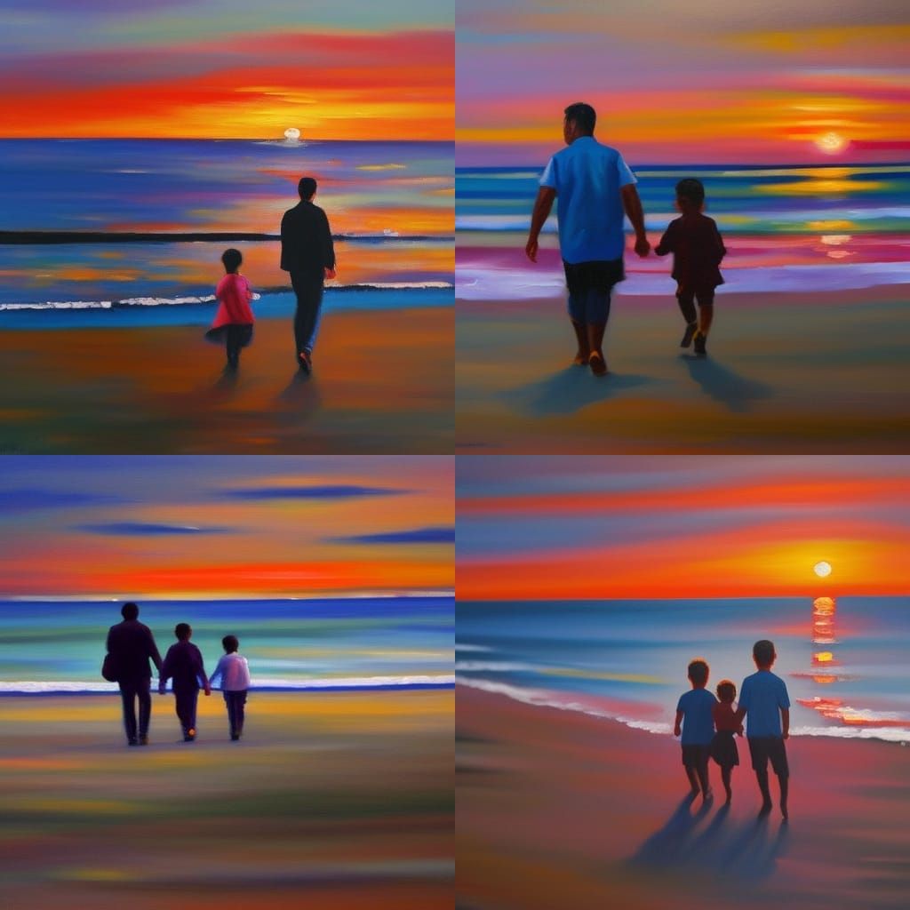 Family at Sunset: Neo-Impressionist Expressionist Oil Painti...