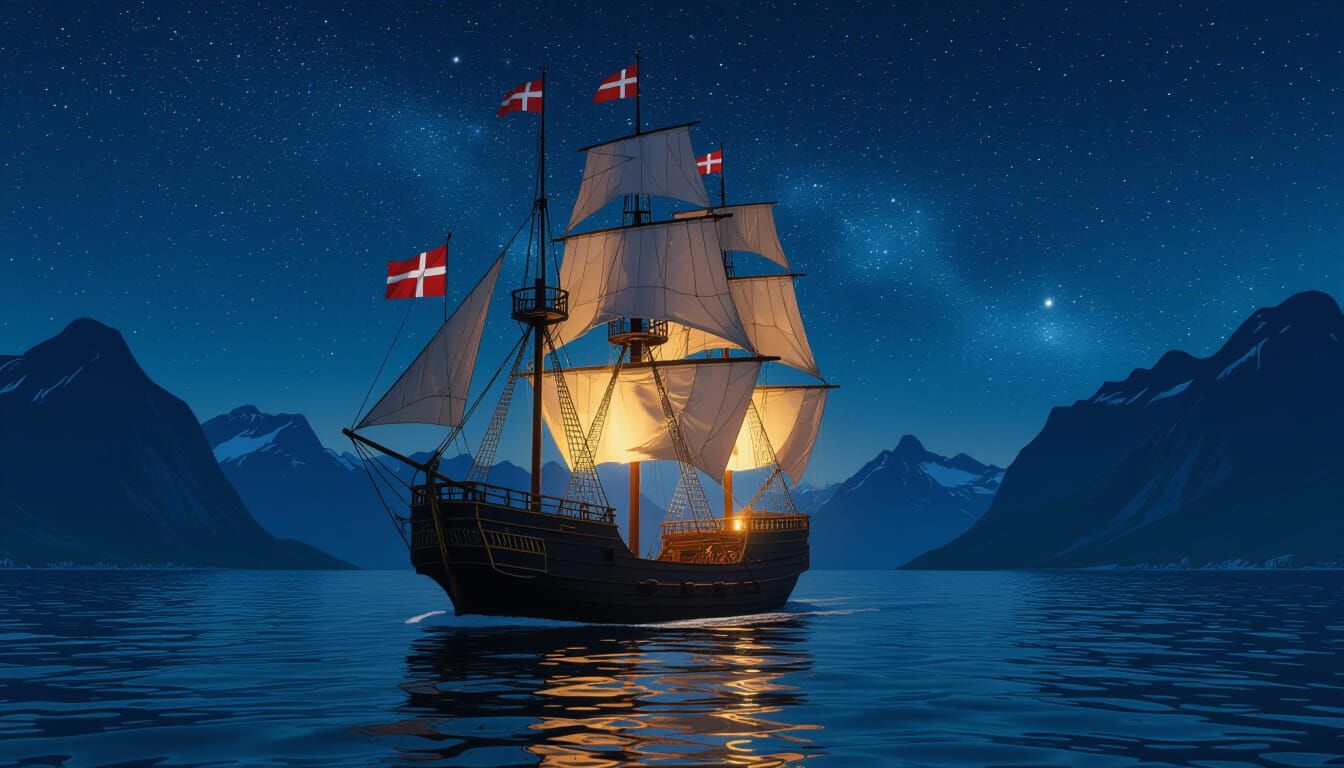 Golden Danish Ship on Starry Night Sea