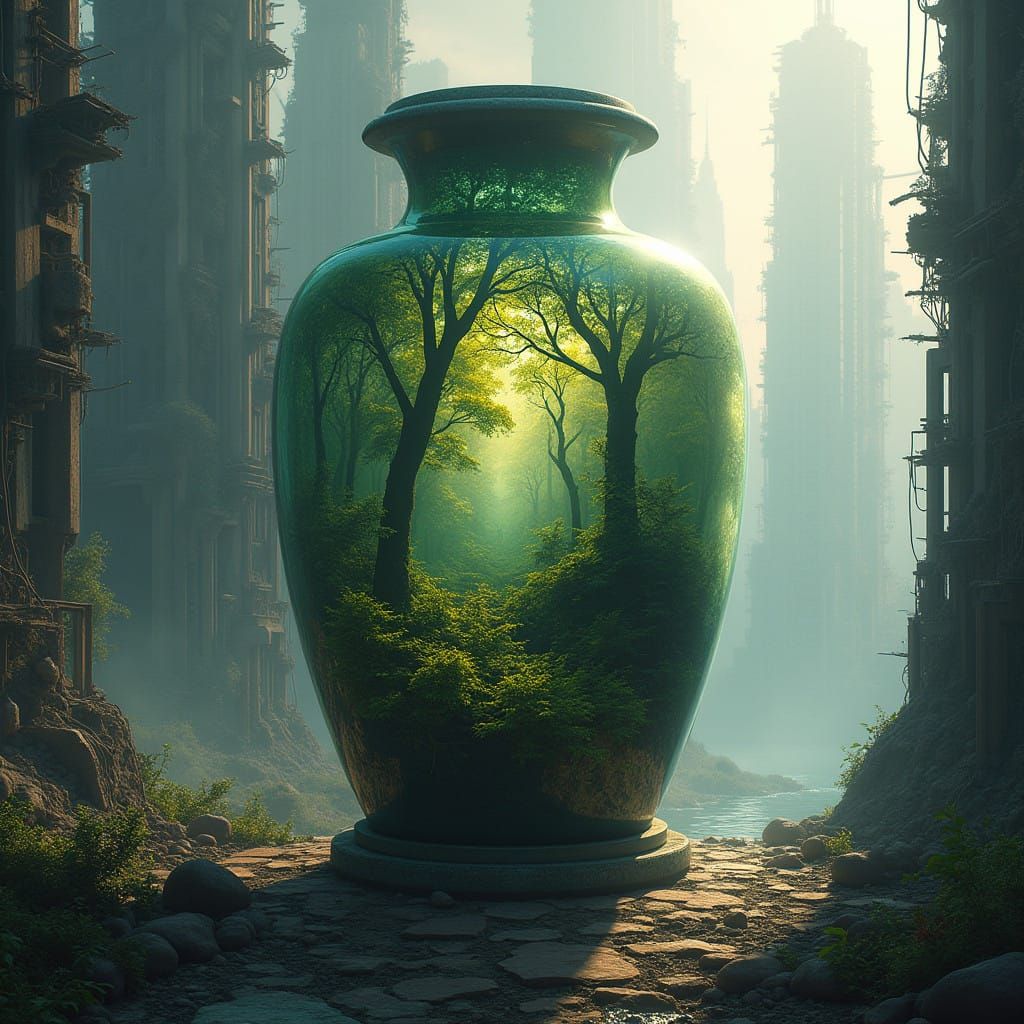 Vibrant Forest Amidst Apocalyptic Ruins in a Digital Masterp...