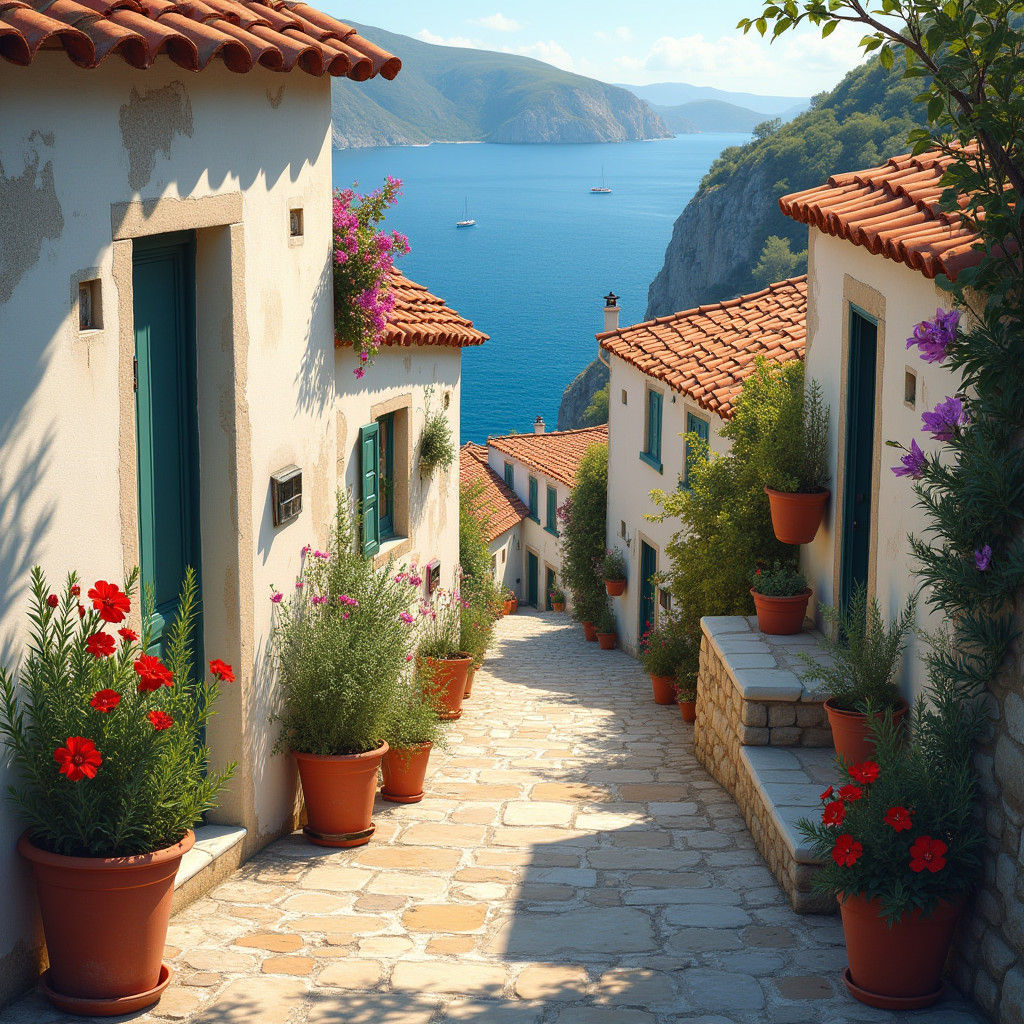 Mediterranean Village in Warm Sunlight, Impressionistic Styl...