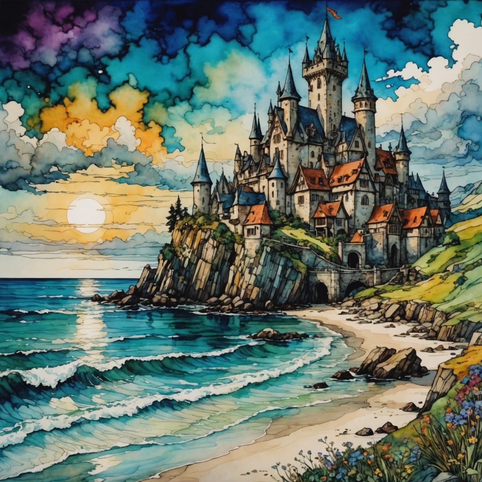 Medieval Seashore Fantasy in Vibrant Anime Style