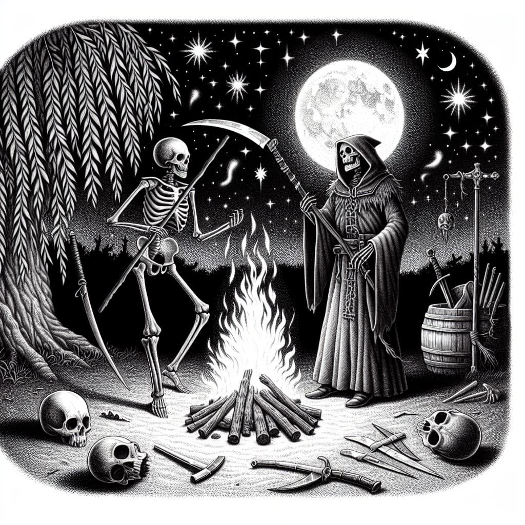 Medieval Skeletons Dancing in a Starry Night, Pencil Drawing