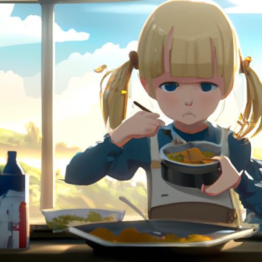 Girl with Pigtails Eating Curry in Ghibli Style