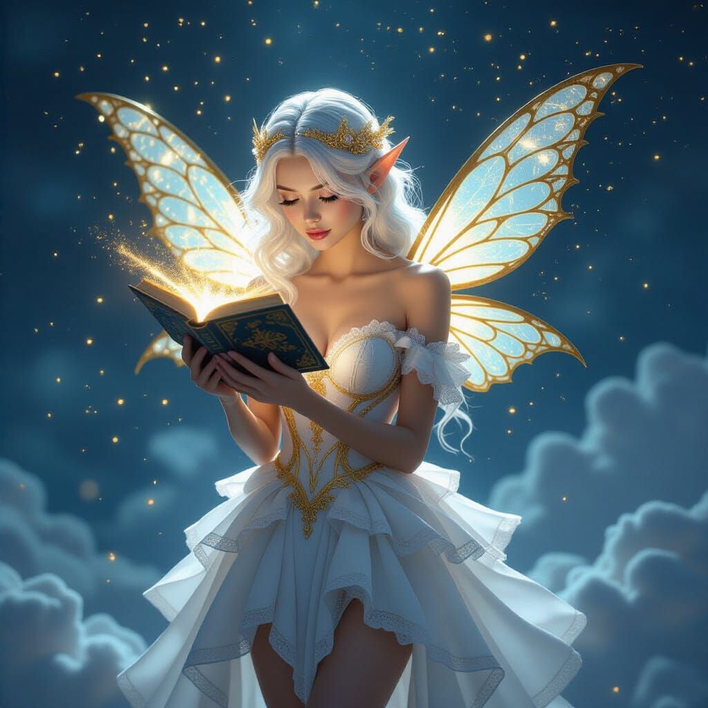 Celestial Fae Reading Magic Book in Cosmic Style