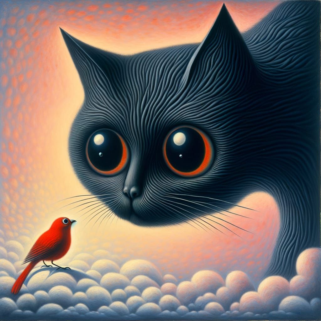 Surreal Black Cat Observes Tiny Red Bird as Post-Impressioni...